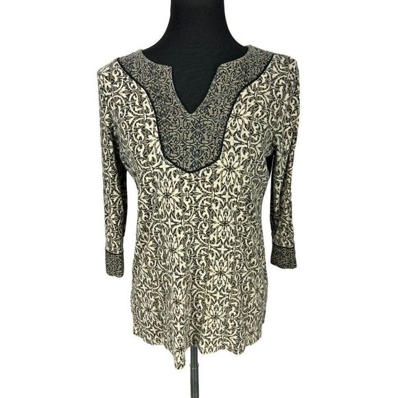 KAREN SCOTT Women's Tunic black/cream Geo Print Studded V Neck 3/4 Sleeve Top Si - Picture 1 of 7